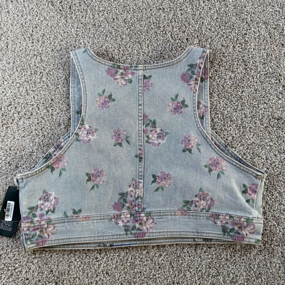 Wild Fable Tank Top Womens Large Blue Floral Denim V Neck Cropped Side Zip - Picture 3 of 9
